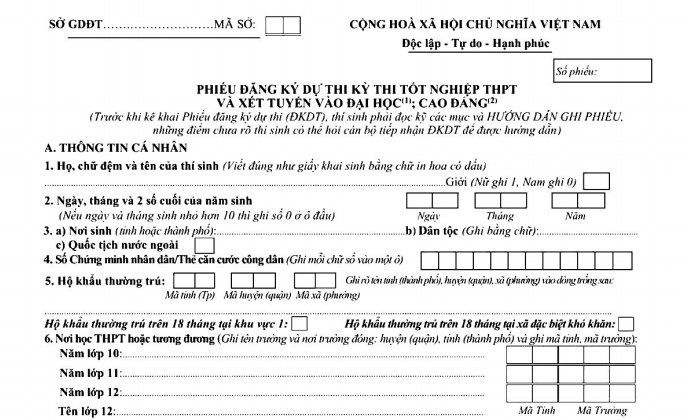 Mẫu phiếu đăng ký dự thi tốt nghiệp THPT 2021