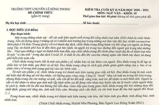 ‘Chiếc khẩu trang’ vào đề thi văn lớp 10 Trường chuyên Lê Hồng Phong